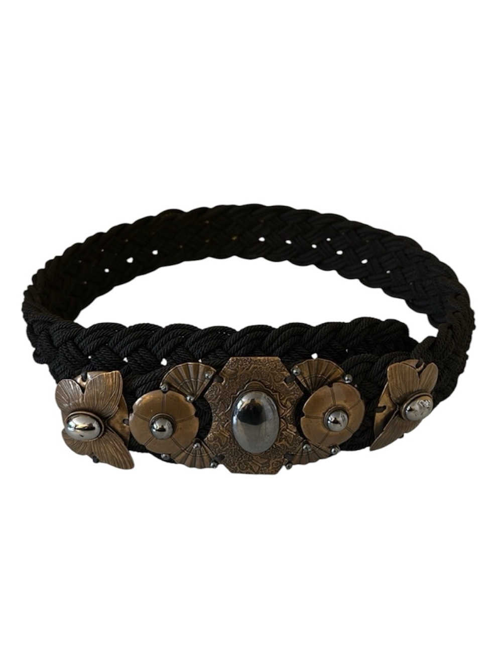 Black Braided Macrame Metal Butterfly Floral Embellished Belt Handmade OS